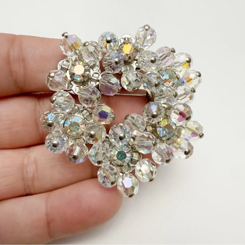 Vintage AB Rhinestone Clear Glass Beaded Cha Cha Round Brooch Pin